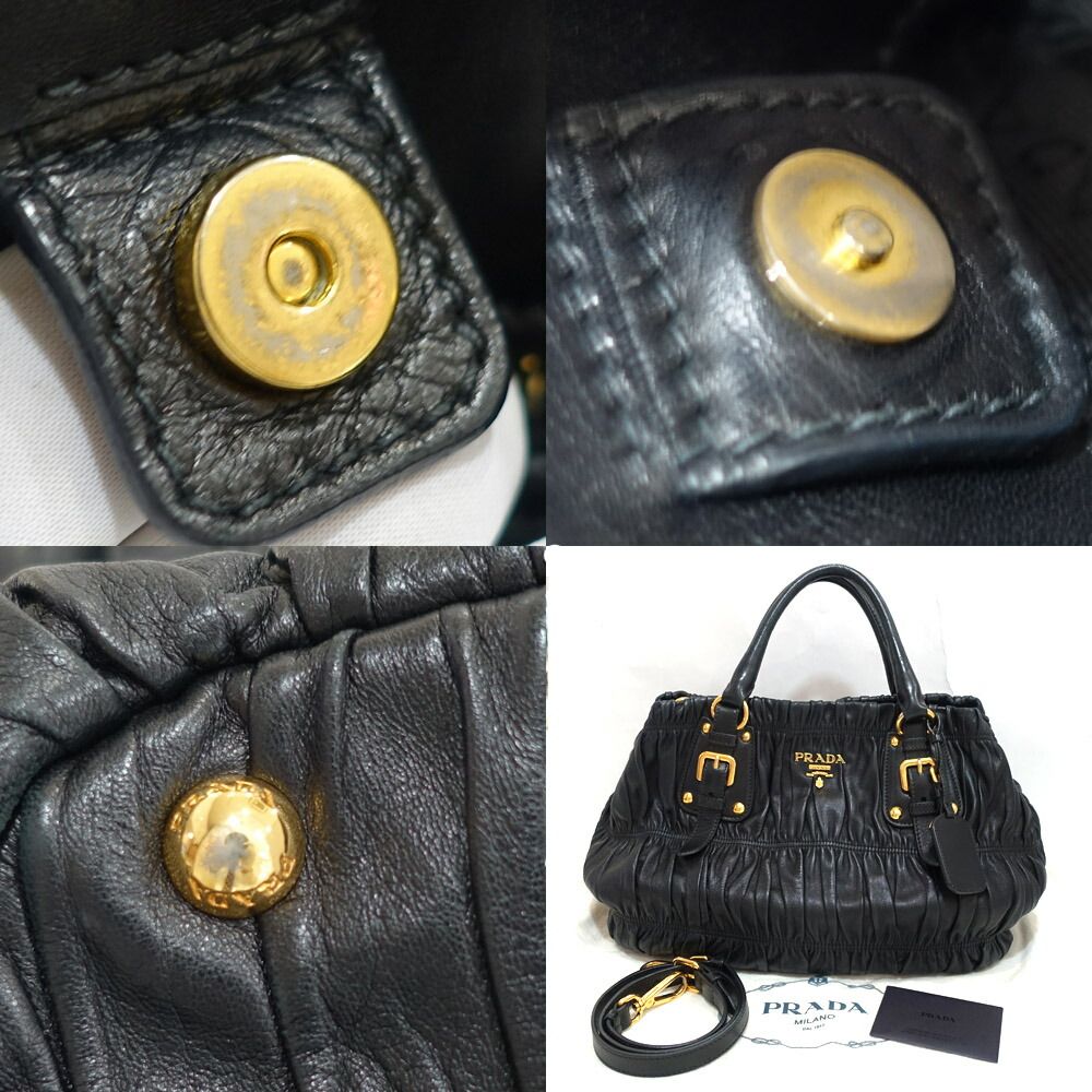 【栄】プラダ ギャザーバッグ 2WAYバッグ ハンド/ショルダー BN1789 レザー ブラック ゴールド金具 レディース