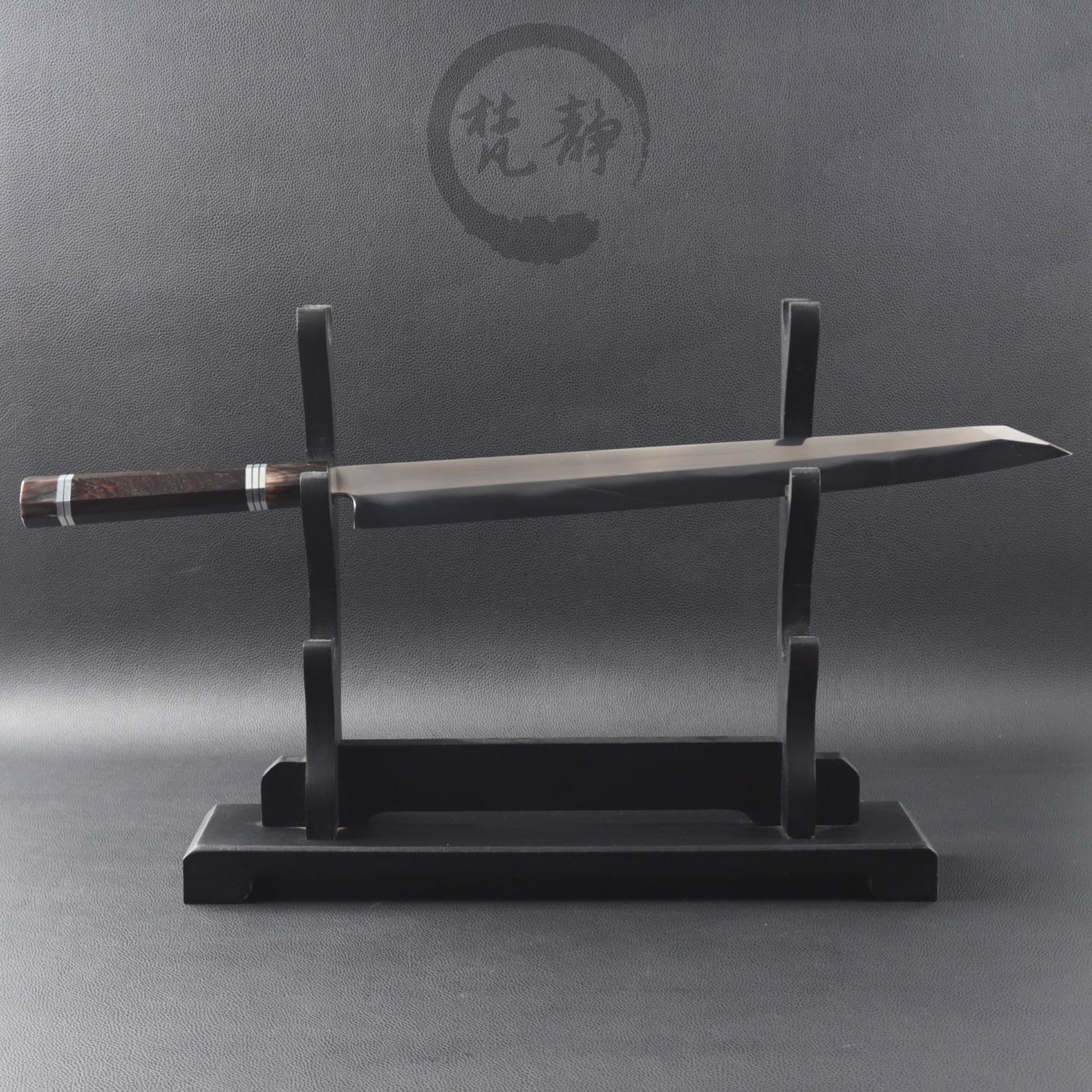 水本焼 MKH1高炭素鋼 切付柳刃包丁 尺三（刃渡り390mm）黒檀八角柄（上：色水牛角／下：黒水牛角・五本銀巻）10882