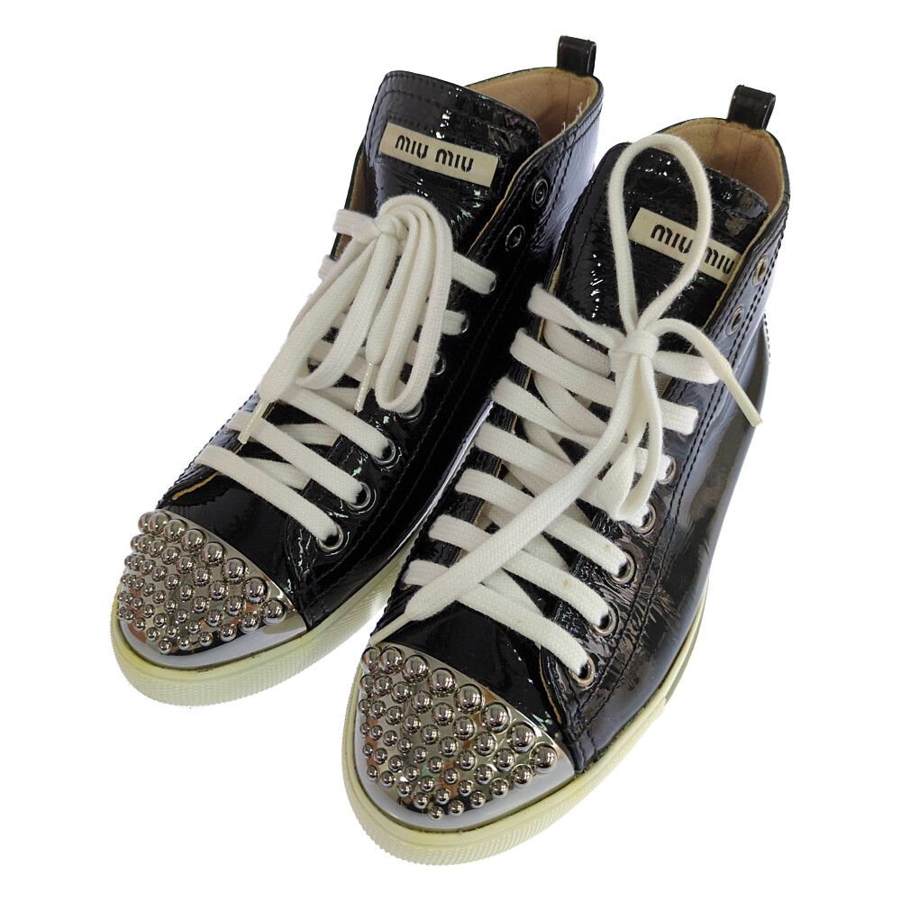 miu miu ミュウミュウ エナメル ハイカットスニーカー靴 36 1/2 ブラック【オールシーズン】【♀】【A】【レディース】★■618076【中古】