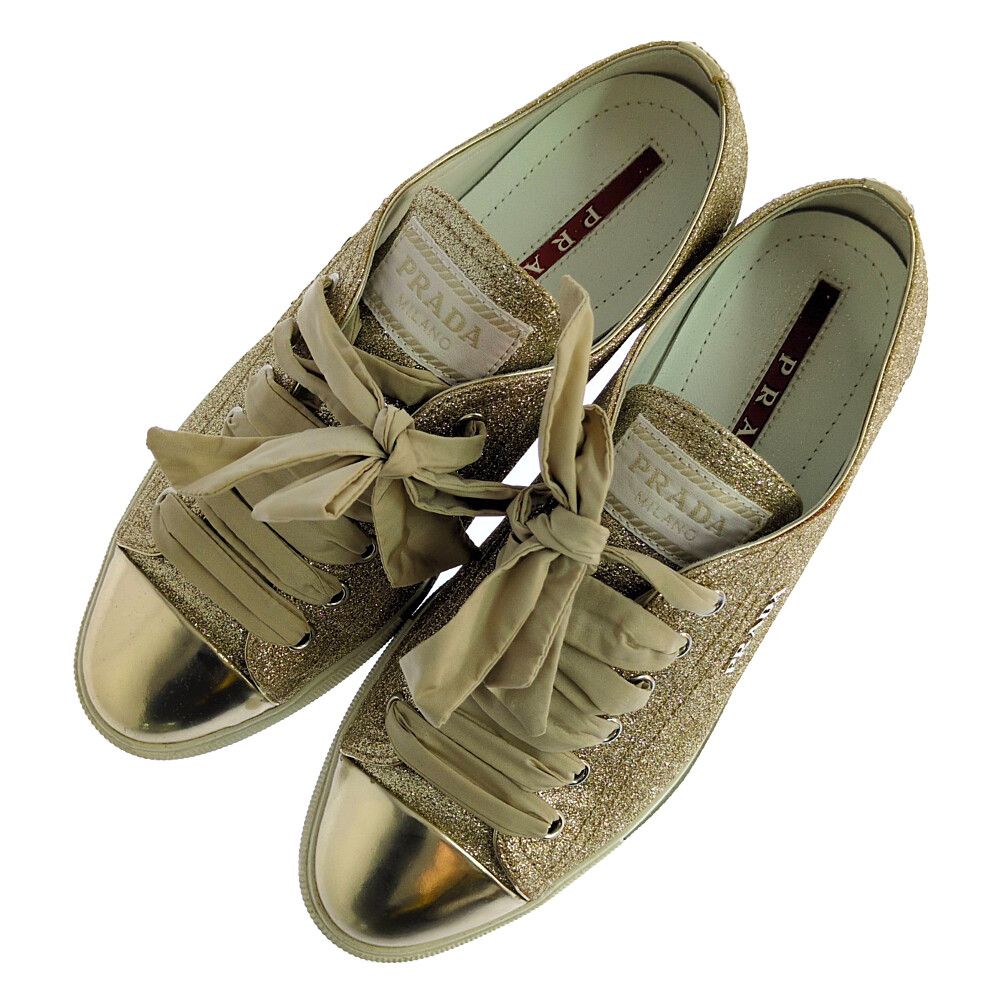PRADA プラダ グリッター スニーカー靴 36 ゴールド【オールシーズン】【♀】【A】【レディース】★■618073【中古】