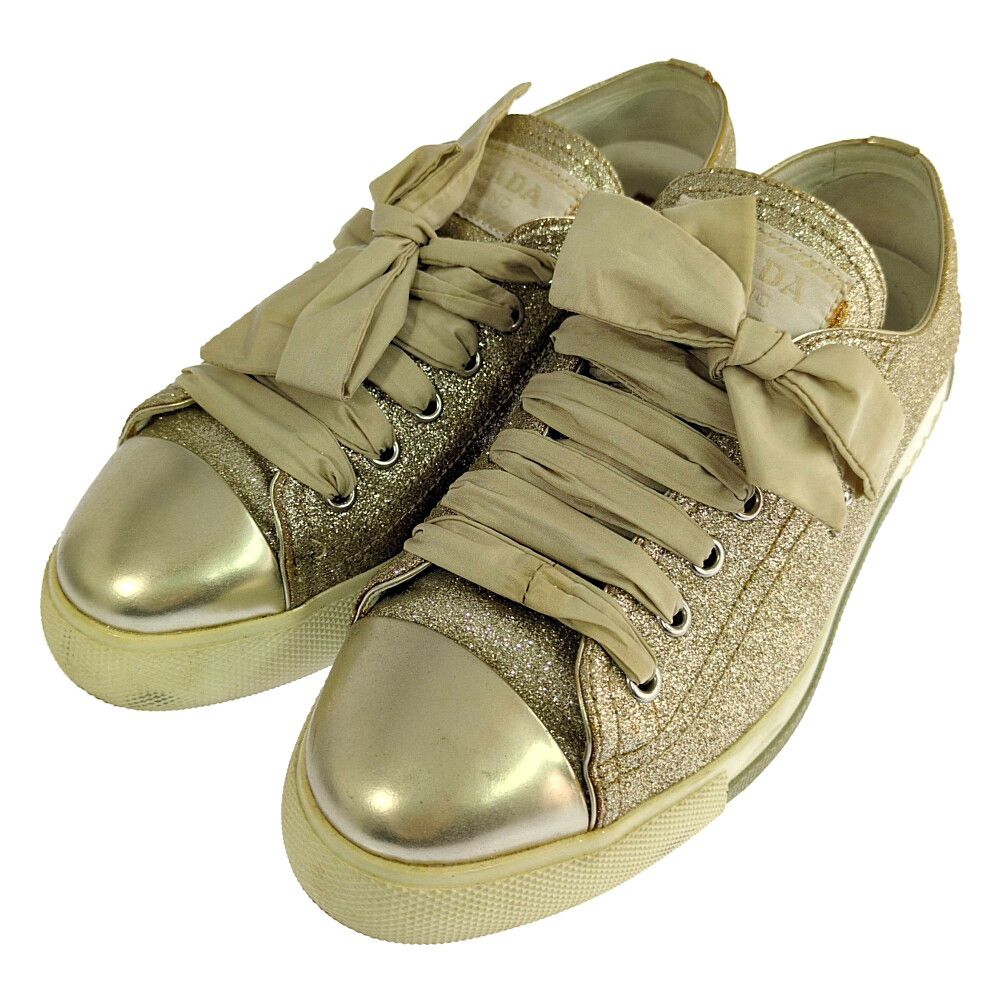 PRADA プラダ グリッター スニーカー靴 36.5 ゴールド 【オールシーズン】【♀】【A】【レディース】★■618072【中古】