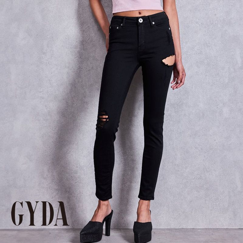 【最短翌日お届け】ミドルウエストSIDE RIPPEDカラースキニーパンツ GYDA ジェイダ 072610771301 gyda レディース ミドルウエスト スリム ダメージデニム XS S M ブラック gyda パンツ 新品 正規品