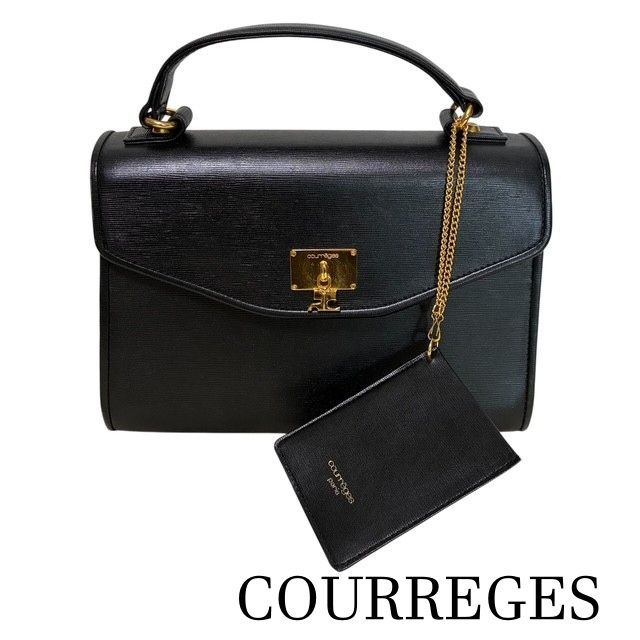 【美品】courreges クレージュ フォーマル ハンドバッグ 2way クレージュ COURREGES ゴールドロゴ金具 ブラックレザー 2WAY