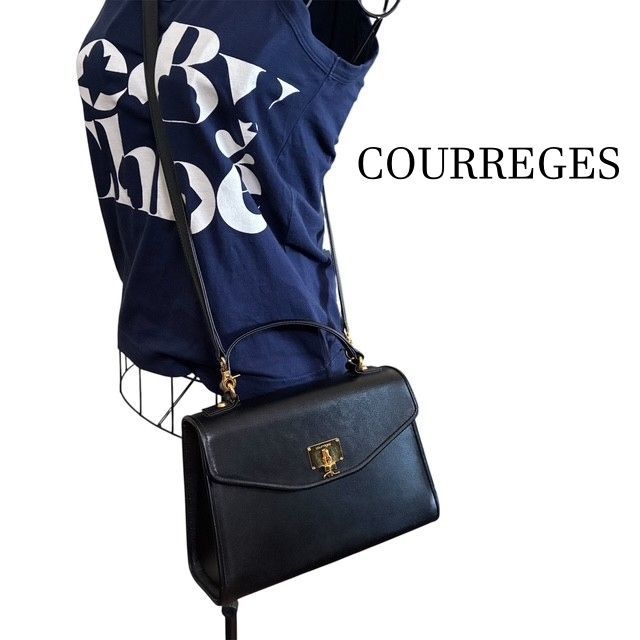 クレージュ COURREGES ゴールドロゴ金具 ブラックレザー 2WAY