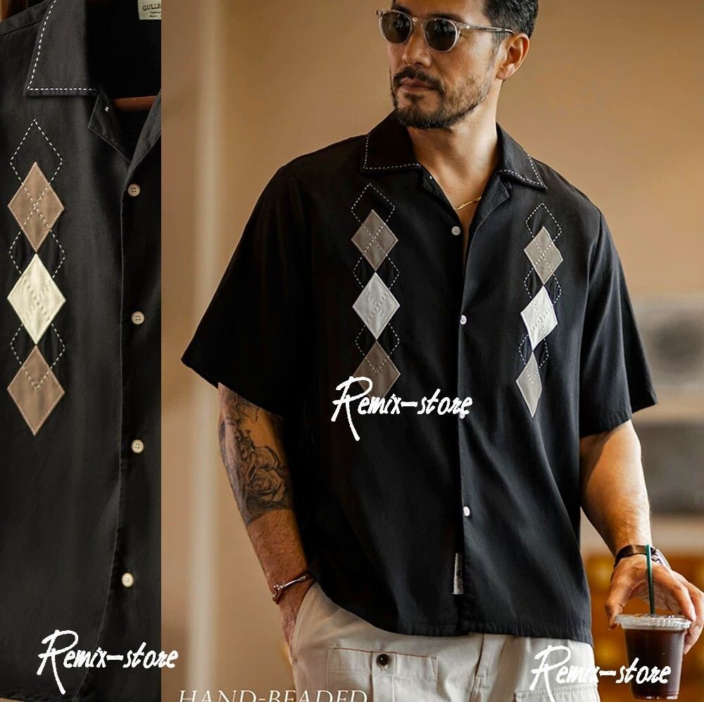 ★COOL SUMMER 涼しい ダイヤモンド ステッチ アーガイル 黒 キューバシャツ S〜XL メンズ リネン 半袖 刺繍 ヴィンテージ レトロ★726