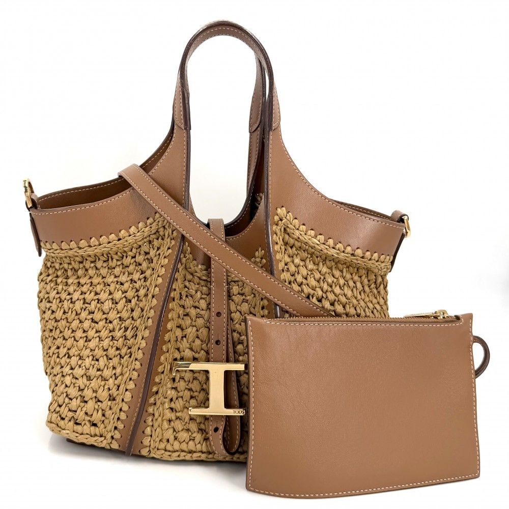 トッズ 2WAY レディース Tタイムレス　ミニ ハンドバッグ ショルダーバッグ 肩掛け 斜め掛け かごバッグ TOD’S ラフィア レザー ブラウン 茶 ゴールド金具 美品【中古品】