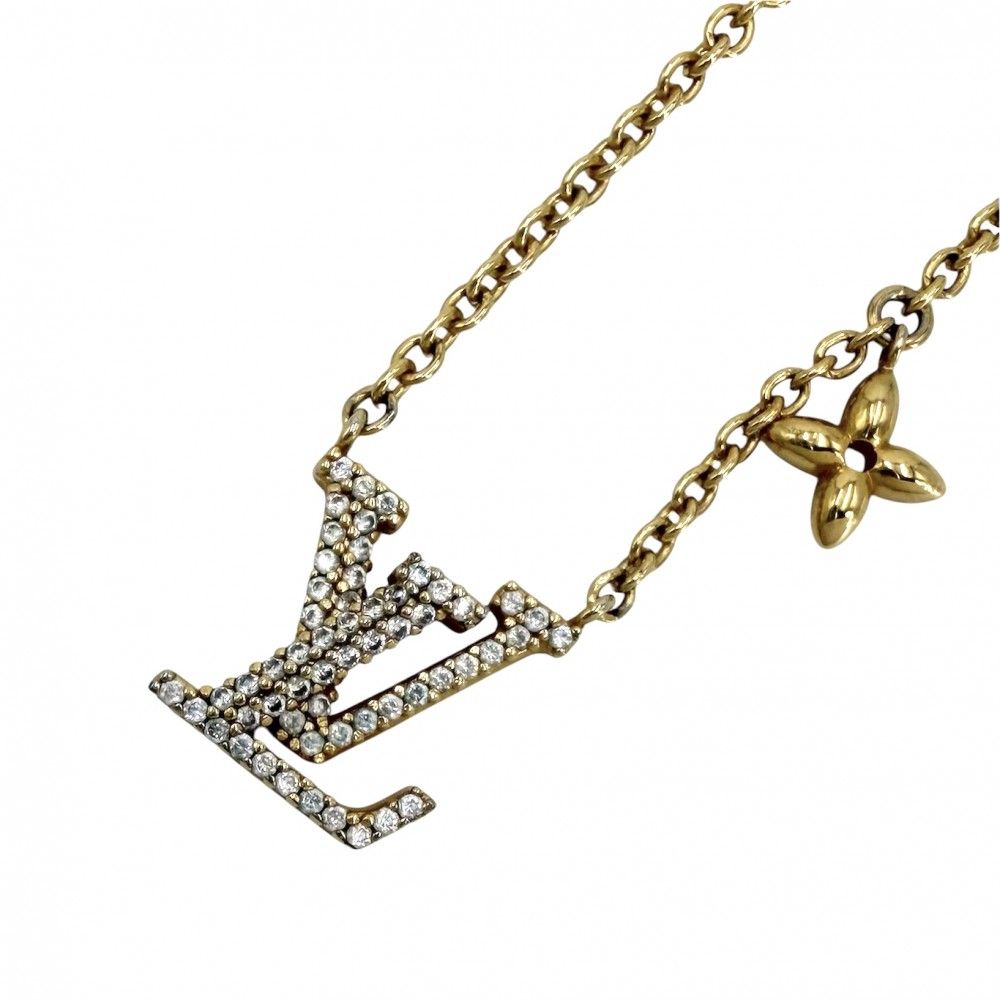 ルイヴィトン ネックレス レディース LV アイコニック アクセサリー ペンダント アジャスター付き LOUIS VUITTON ラインストーン M00596 ゴールド 約6.3g【中古品】