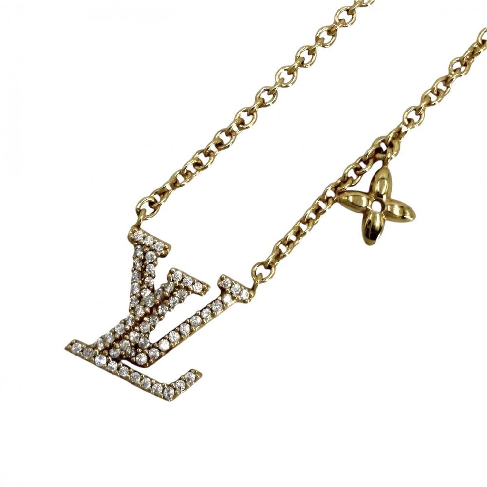 ルイヴィトン ネックレス レディース LV アイコニック アクセサリー ペンダント アジャスター付き LOUIS VUITTON ラインストーン M00596 ゴールド 約6.4g【中古品】