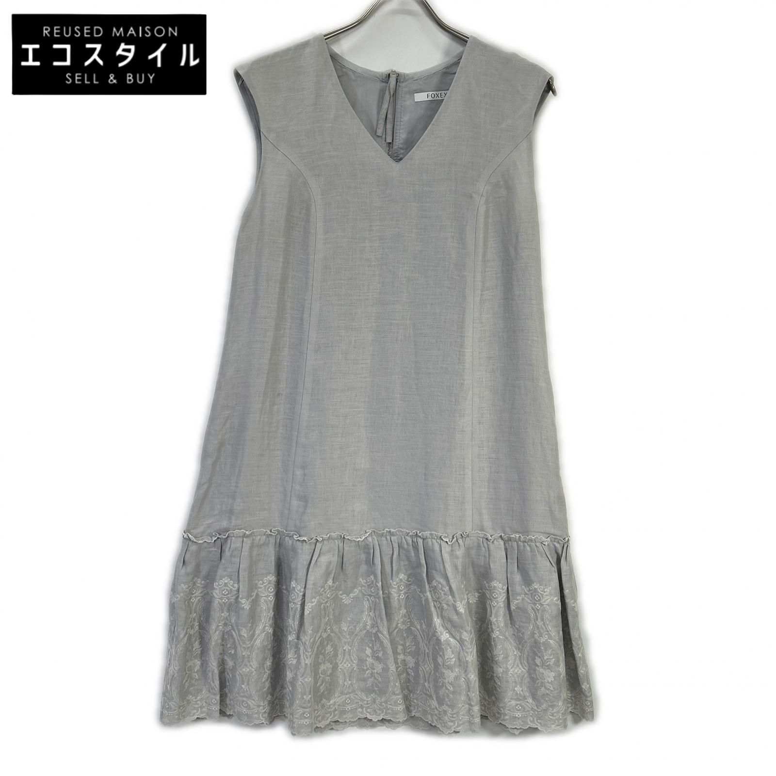 FOXEY　フォクシー　35790 スカイブルー Dress Lyon リネン 花柄レース ワンピース　42
