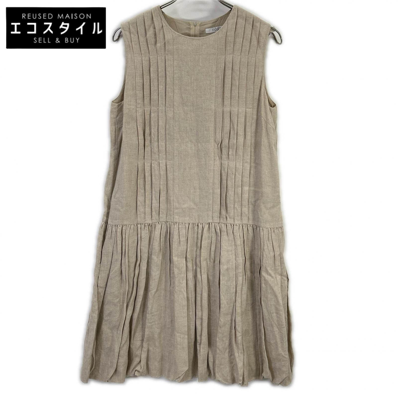 FOXEY　フォクシー　36781 アイボリー リネン ふんわりAライン ノースリーブタックワンピース ドレス　40