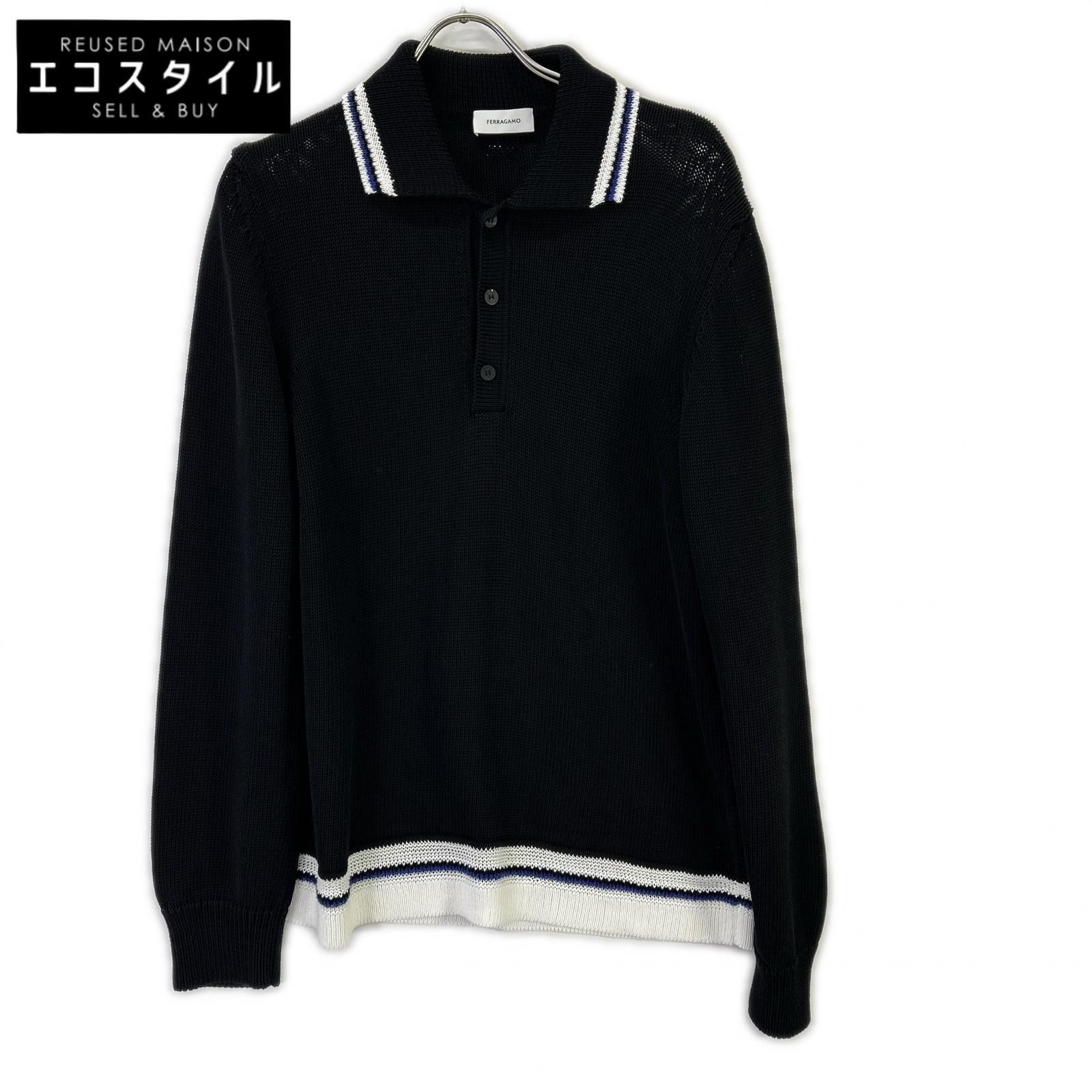 SalvatoreFerragamo　サルバトーレフェラガモ　122377 775740 24SS ブラック コットン long-sleeve polo shirt プルオーバーニットポロシャツ　M