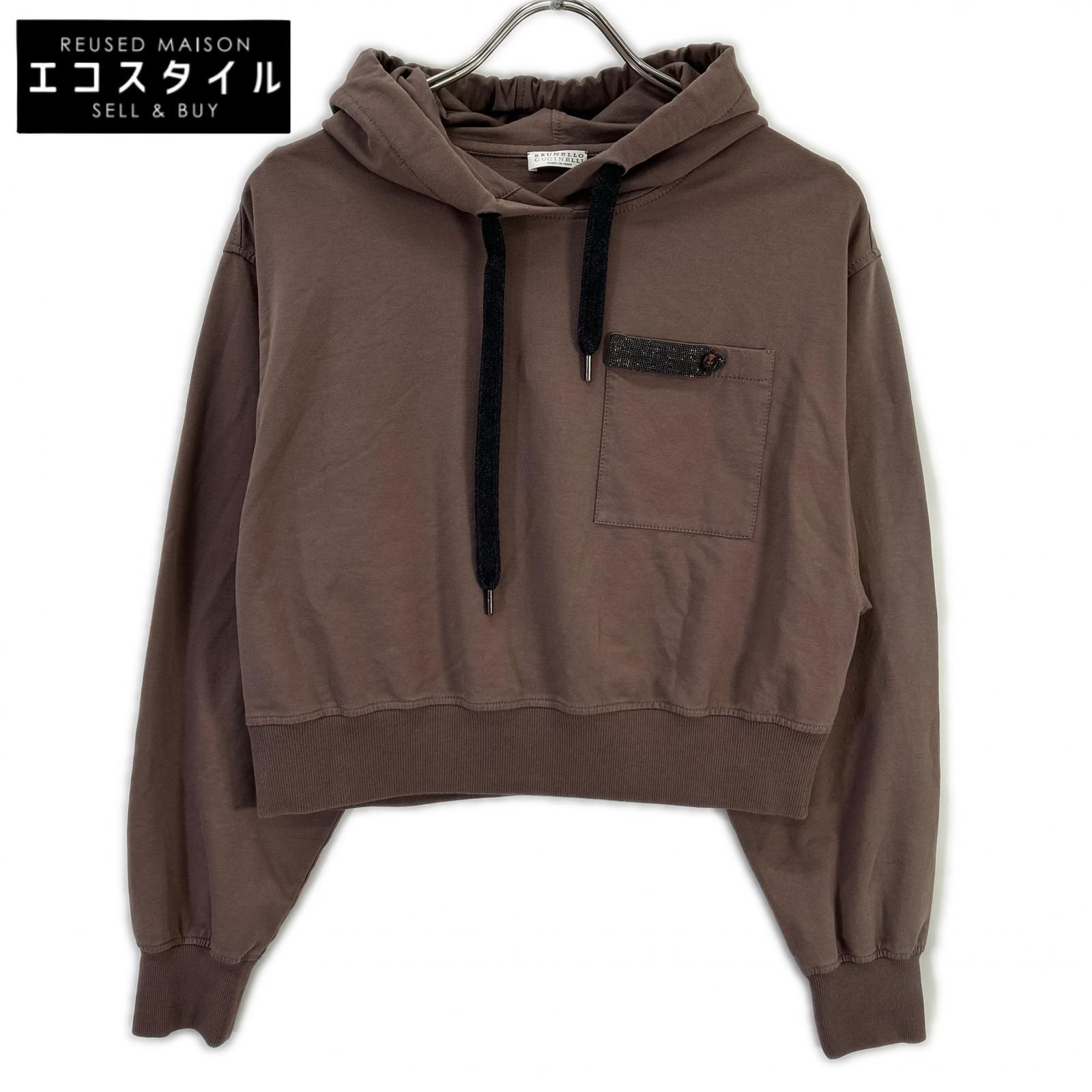BRUNELLO CUCINELLI　ブルネロクチネリ　23年 ブラウン クロップド モニーレ スウェットフーディープルオーバー　XS