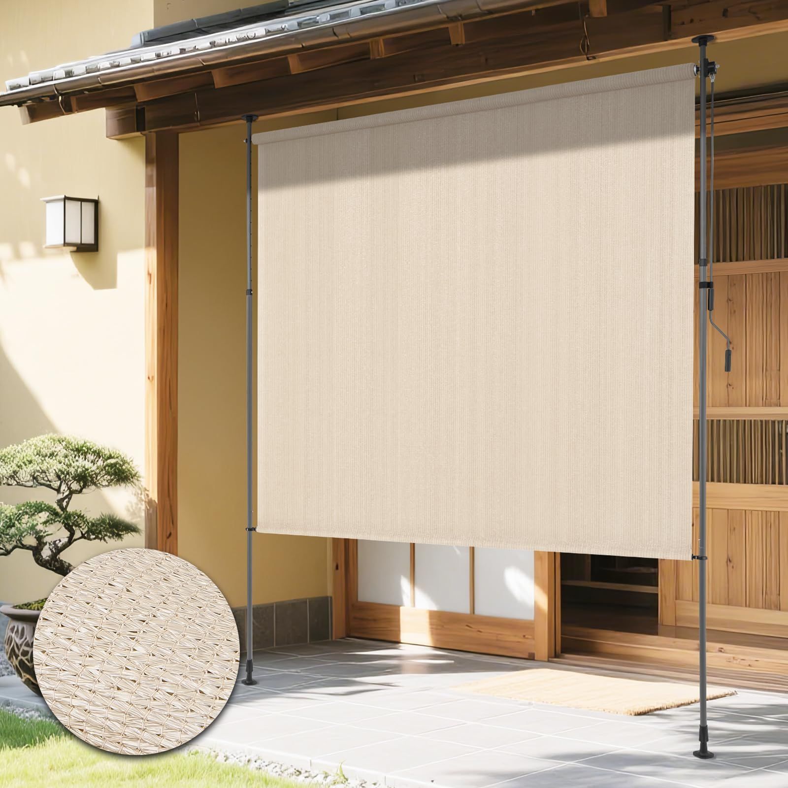 KELIXU 突っ張り式サンシェード 縦型 オーニングシェード 日除け 屋外 幅200cm 遮光率約90％ 風通し良好 ひよけ 目隠し 巻き取り式 高さ調節可能 断熱 遮光シート 取り付け簡単 穴あけ不要 日本語説明書付き 庭 ベランダ (ア 8860c250