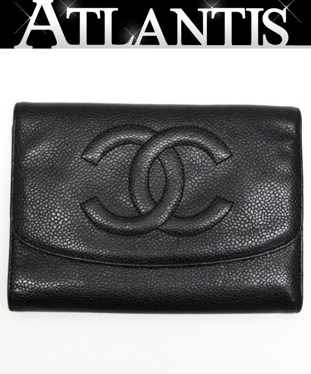 シャネル CHANEL ココマーク 三つ折り財布 キャビアスキン 黒 5番台 【75200】