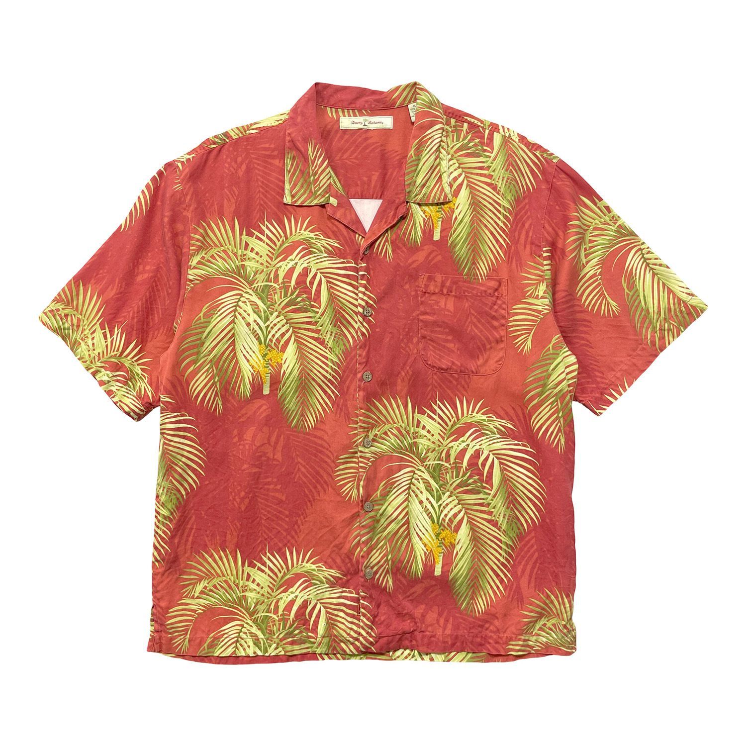 USA 古着 Tommy Bahama トミーバハマ シルク 開襟 フロント合わせ アロハシャツ キャンプシャツ パームツリー柄 メンズXL レッド BF5023