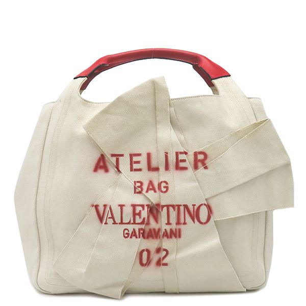 ヴァレンティノ VALENTINO 2WAYバッグ アトリエ 02 ボウエディション キャンバス レザー アイボリー×レッド シルバー金具 白 赤 肩掛け トート UW0B0H95SVJ 【保存袋】【中古】