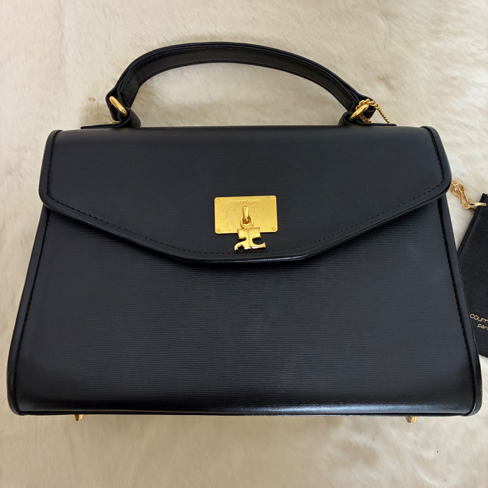 クレージュ COURREGES ゴールドロゴ金具 ブラックレザー 2WAY