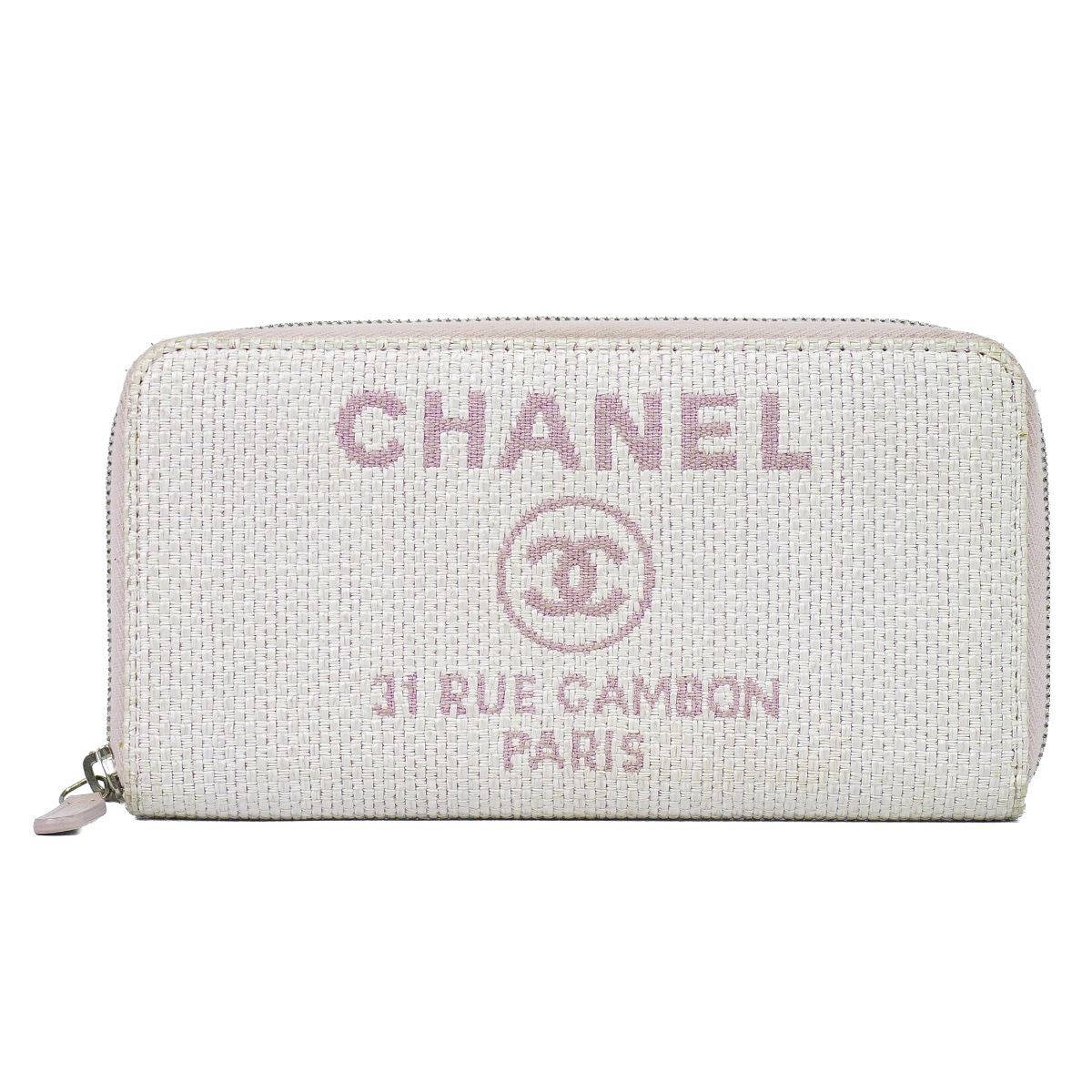本物 シャネル CHANEL ドーヴィル ココマーク ラウンドファスナー 長財布 ロングウォレット キャンバス ホワイト ピンク Deauville 財布 ウォレット 中古・