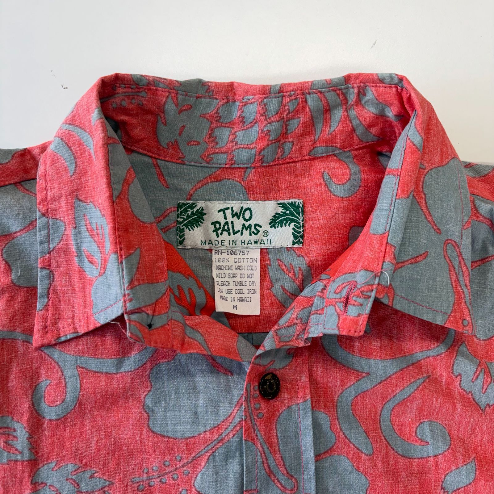 ハワイ製 TWO PALMS アロハシャツ ハワイアンシャツ Mサイズ メンズ トゥーパームス RED 花柄 総柄 半袖 ヴィンテージ 古着