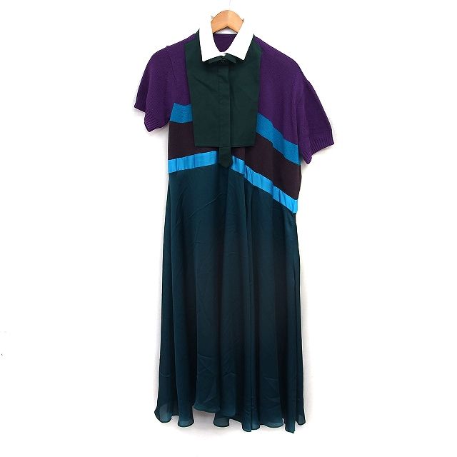 サカイ sacai アシンメトリー カラーブロック ロング ドレス 半袖 シアー 1 グリーン 緑 /FT26
