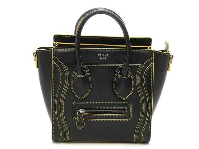 CELINE セリーヌ バッグ ラゲージ ナノショッパー ブラック/イエロー レザー ﾊﾞｯｸﾞ レザー ブラック レディース【中古】【437】