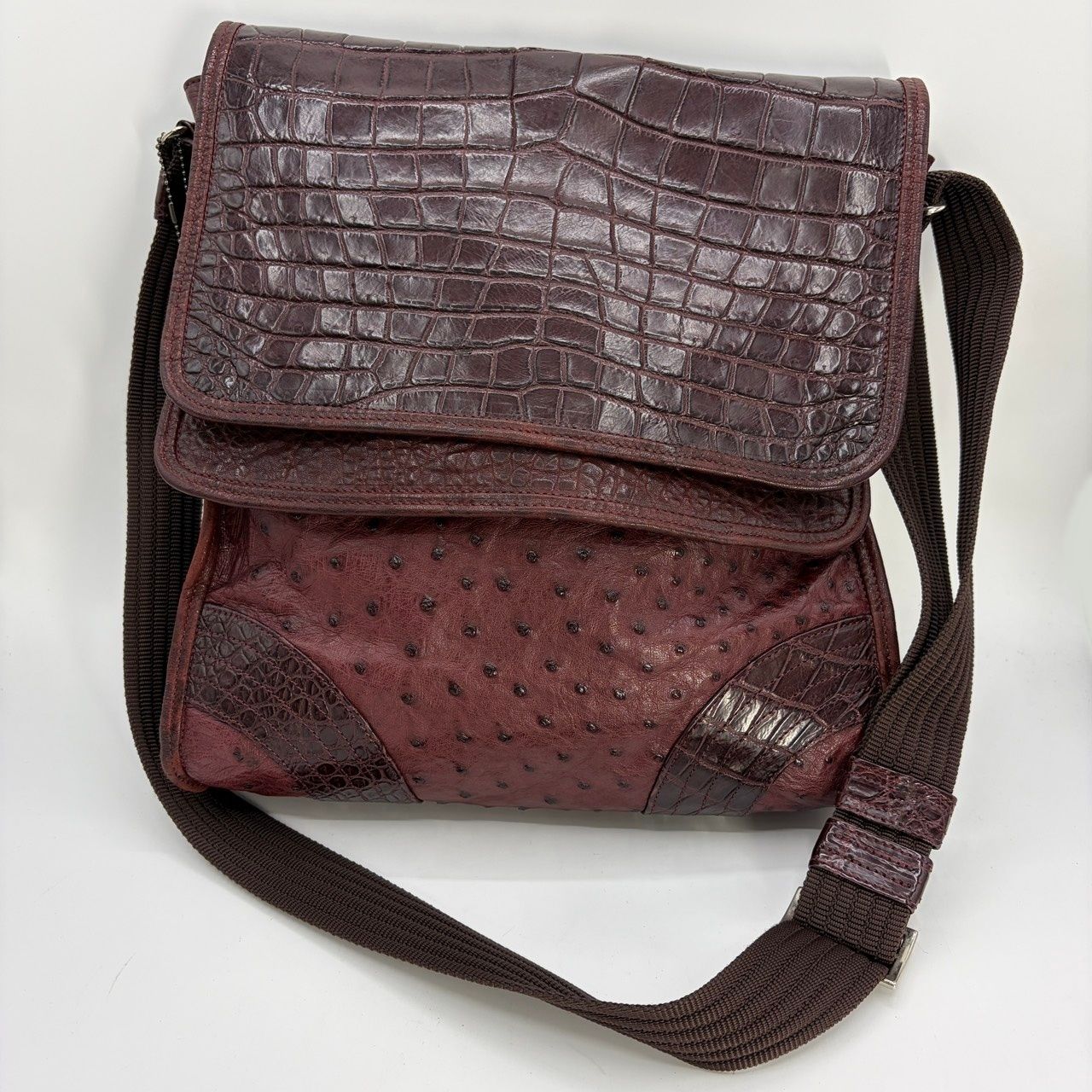 JRA公認 オーストリッチ×ワニ革 コンビレザー ショルダーバッグ ボルドー ジャンニリッチ Gianni Ricci クロコ 日本製