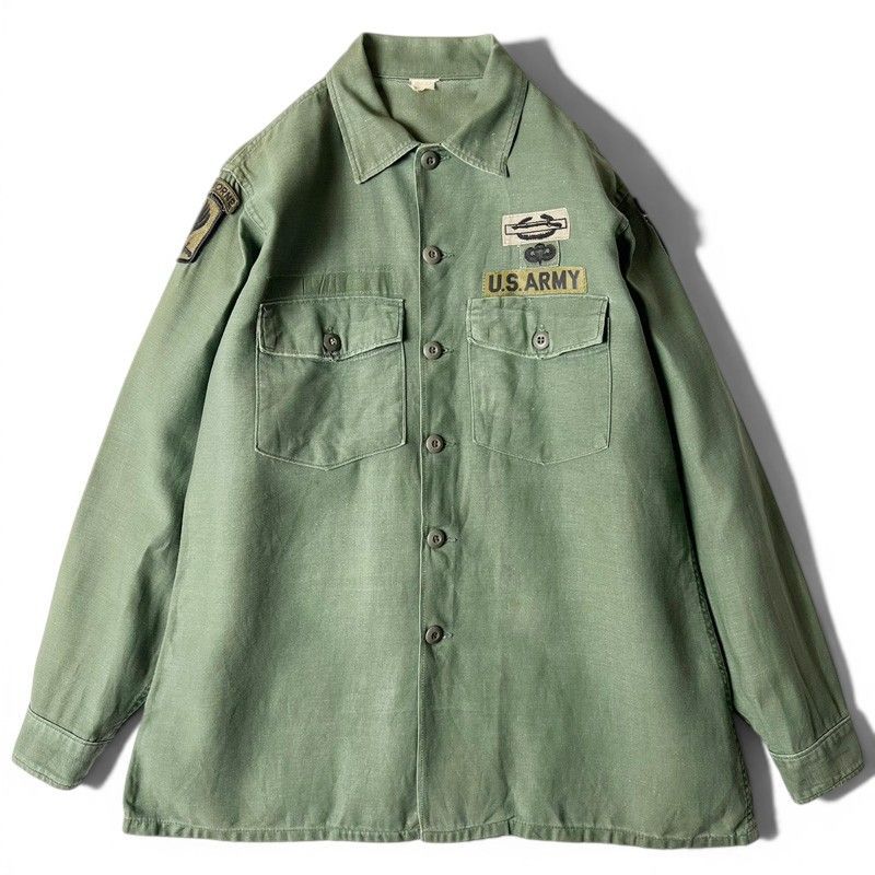 70s US ARMY 米軍実物 OG-107 コットン サテン ユーティリティ シャツ 2nd 16 1/2 シャツ袖 / 70年代 ビンテージ ミリタリー ジャケット