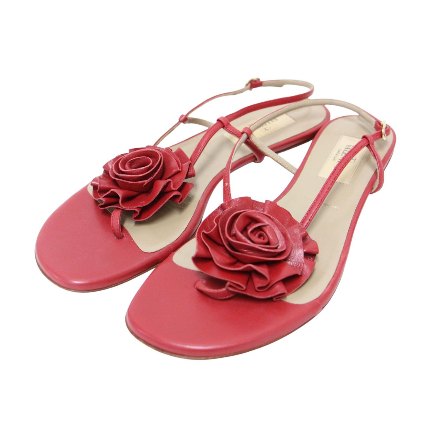 VALENTINO GARAVANI ヴァレンティノ ガラヴァーニ サンダル サイズ:36 1/2(23.5cm) レザー フラワーコサージュ トングサンダル / フラット ラウンドトゥ アンクルベルト レッド イタリア製【レディース】【中古】