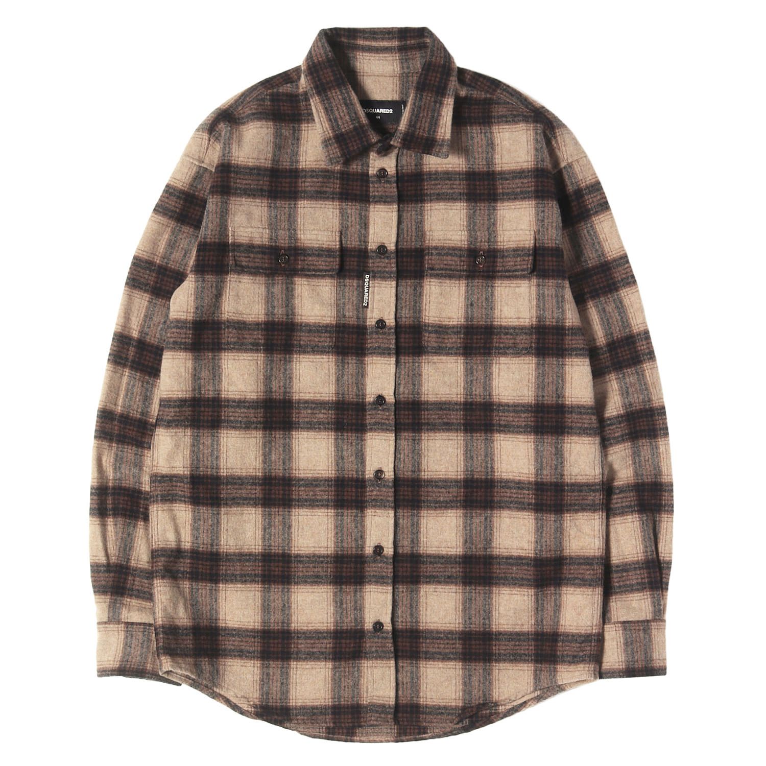 DSQUARED2 ディースクエアード シャツ ベージュ ブラウン サイズ:44 24AW ドロップショルダー チェック ウールシャツ (Dropped Shoulder Shirt) イタリア製 トップス カジュアルシャツ 長袖【メンズ】【中古】