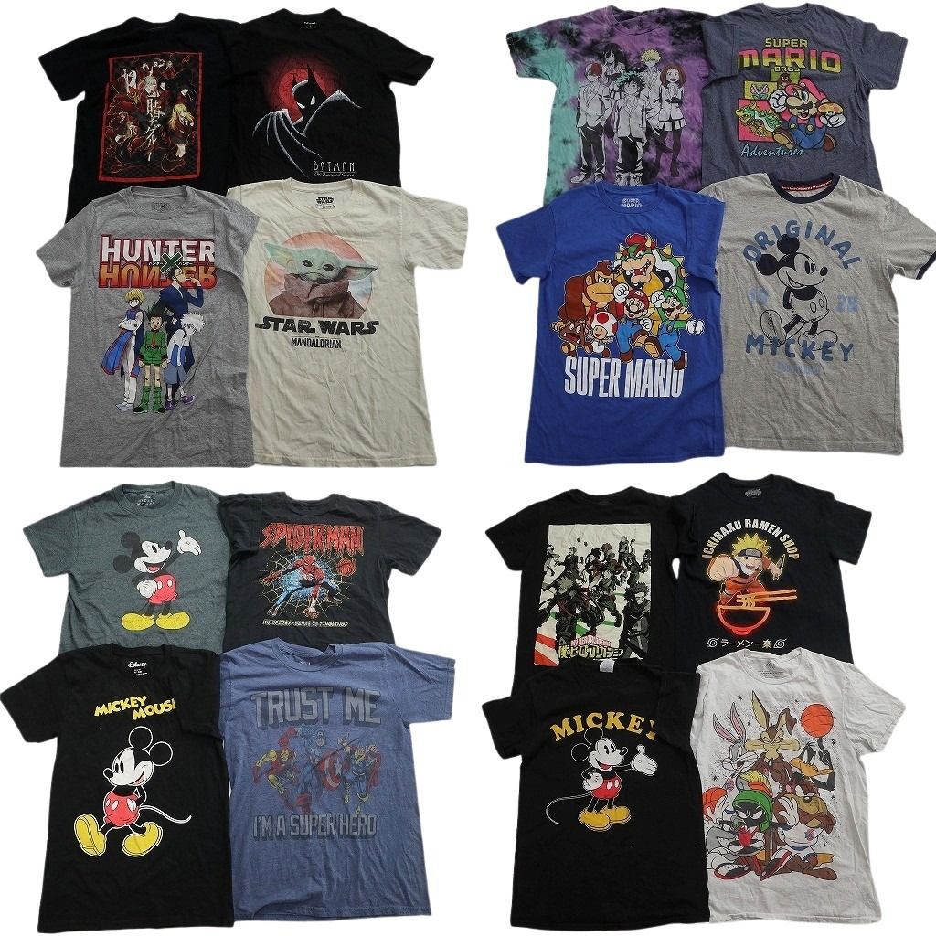 古着卸 まとめ売り キャラクター Tシャツ 16枚セット ( メンズ XS/S ) ミッキー ディズニー ナルト マーベル 中古 古着 NF3471