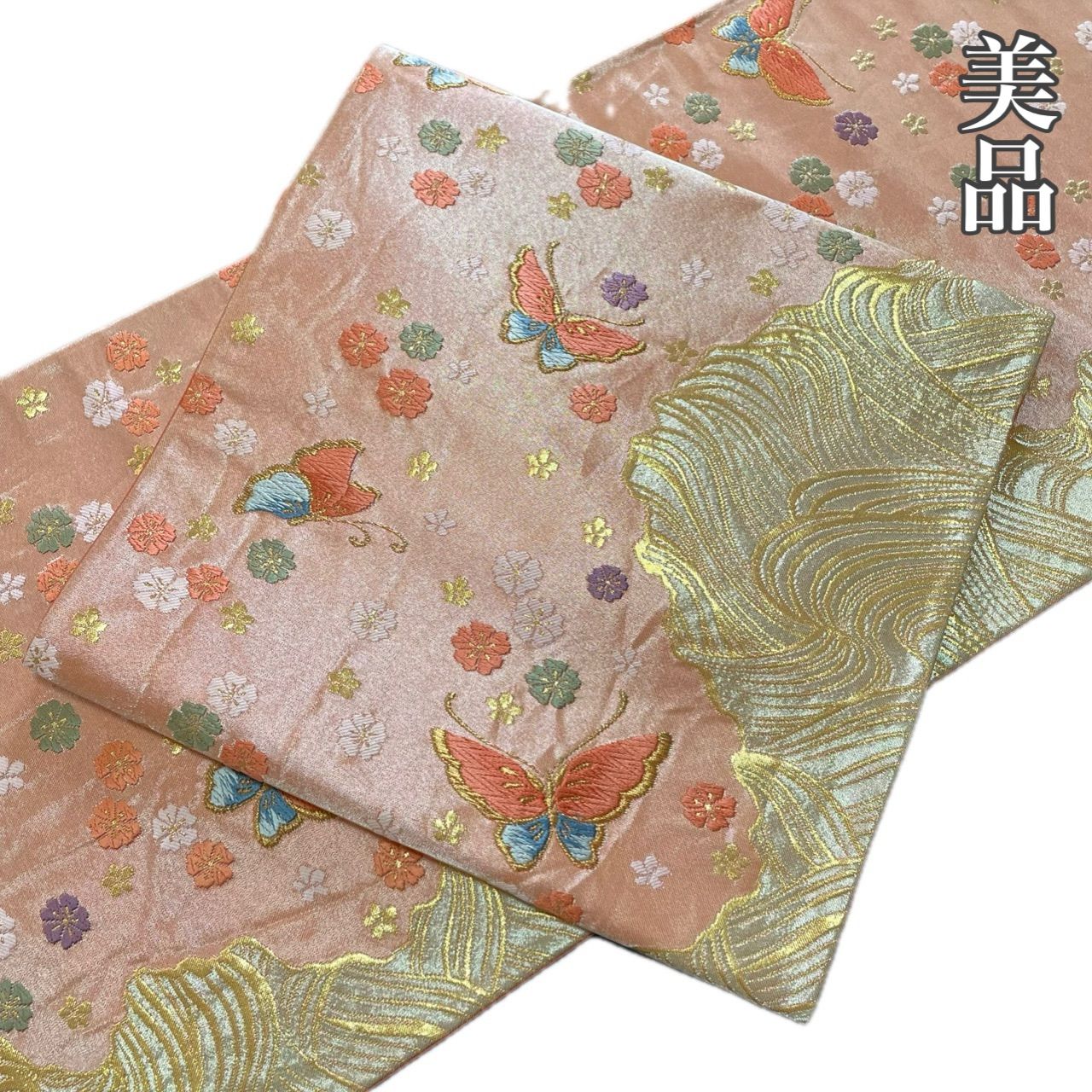 R071 美品 袋帯 六通 西陣織 金糸 三松謹製 蝶々 桜 正絹 和装 和服