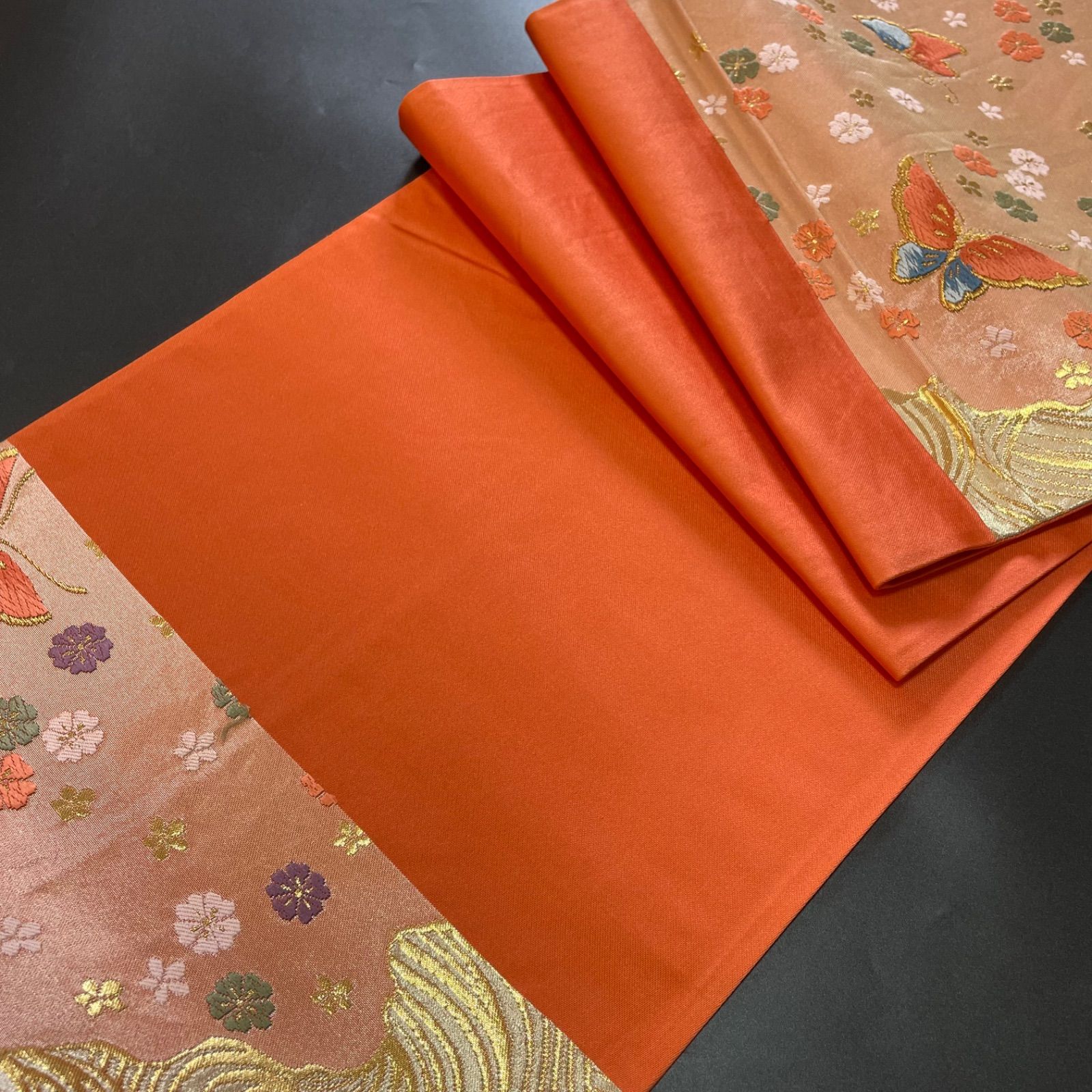 R071 美品 袋帯 六通 西陣織 金糸 三松謹製 蝶々 桜 正絹 和装 和服