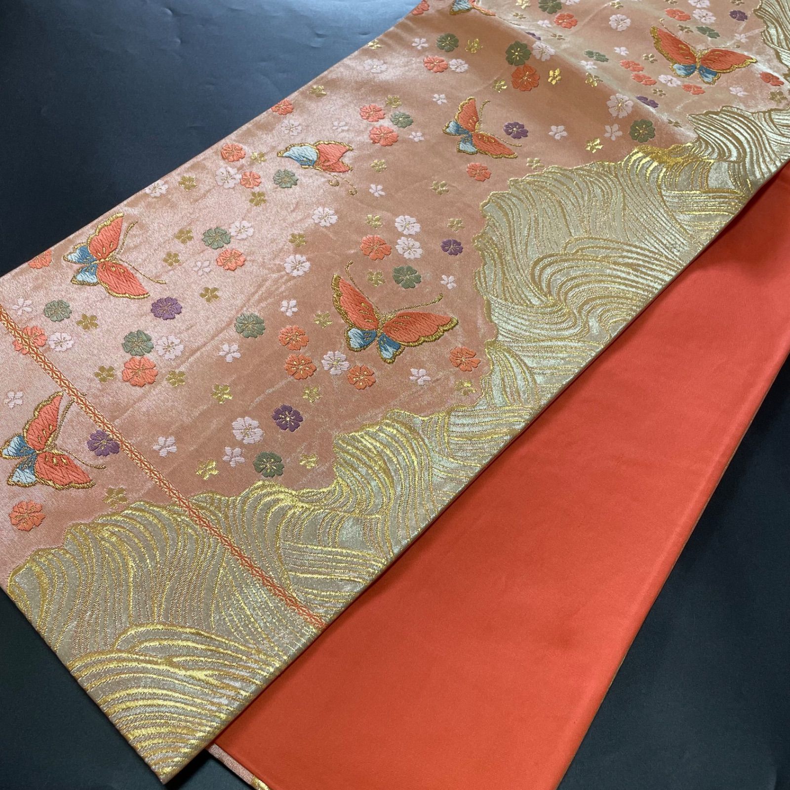R071 美品 袋帯 六通 西陣織 金糸 三松謹製 蝶々 桜 正絹 和装 和服