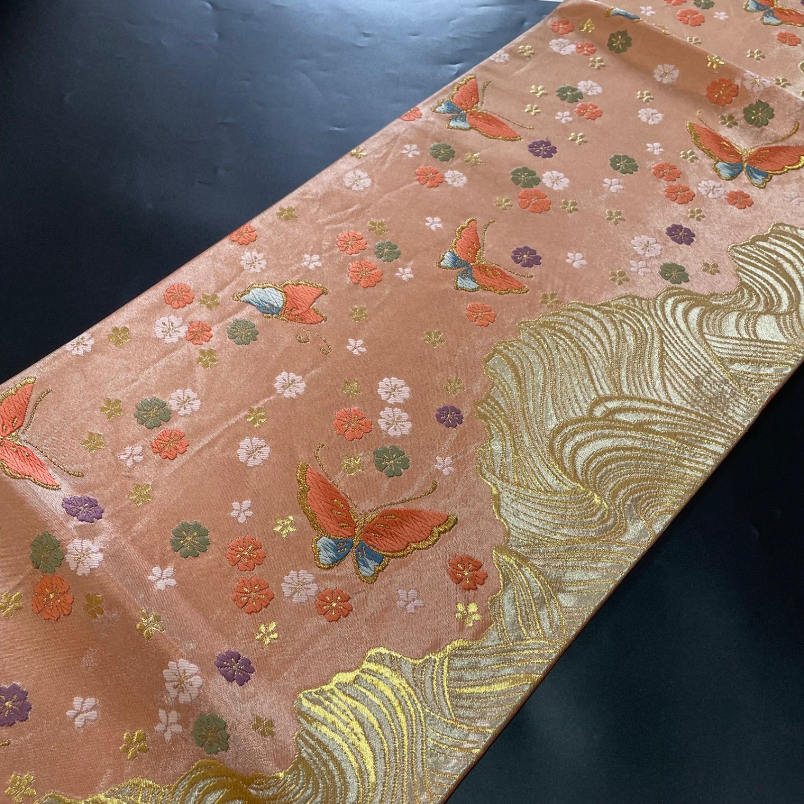 #J642 美品 袋帯 すくい織 市松 正絹 パールトーン加工 和装 和服 R071 美品 袋帯 六通 西陣織 金糸 三松謹製 蝶々 桜 正絹 和装 和服