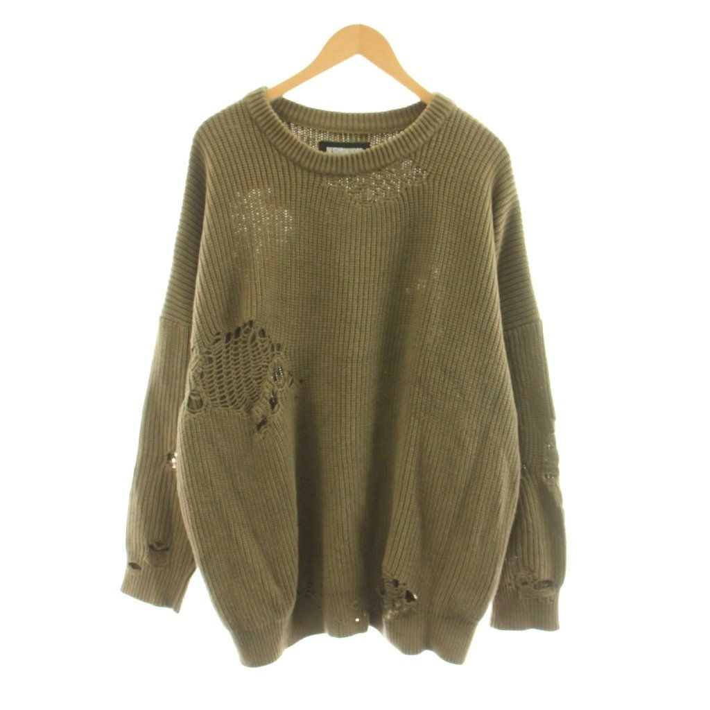 ネイバーフッド NEIGHBORHOOD 21SS SAVAGE CREW CA-KNIT LS ニット セーター ダメージ加工 長袖 クルーネック M カーキ 211FUNH-KNM01 /KU