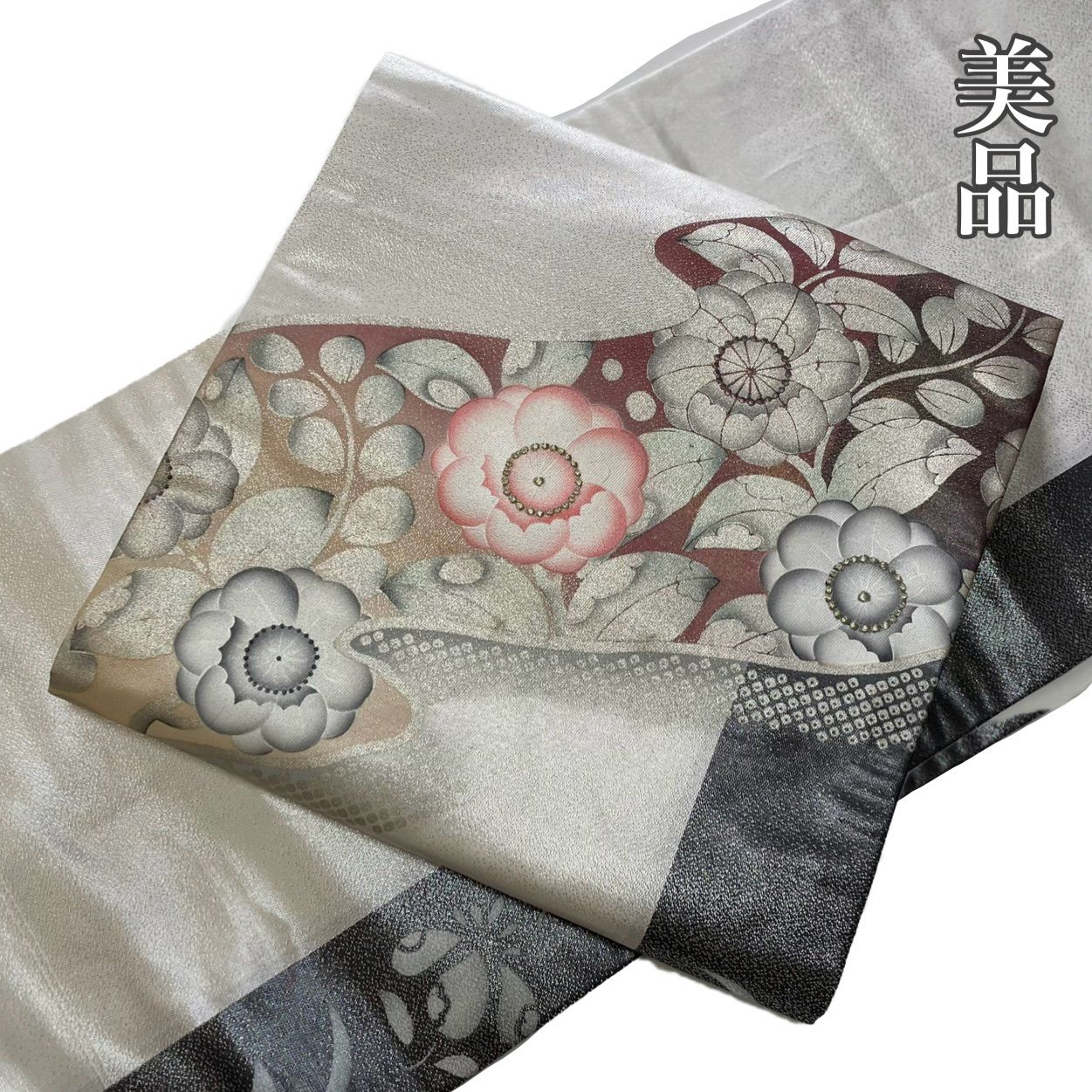 #R075 美品 開き名古屋帯 辻が花 蘇州刺繍 銀糸 正絹 和装 和服 フォーマル帯