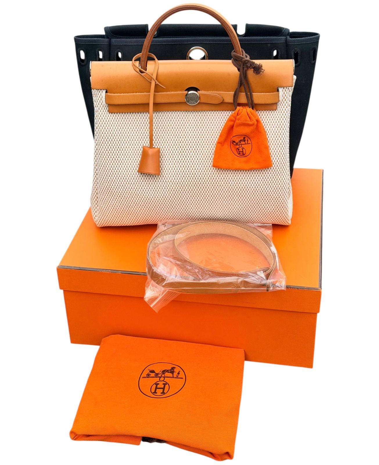 超美品◆本物◆エルメスHERMESエールバッグPMトワルGMキャンバスレザー・カーフブラウン黒白ハンドバッグショルダーバッグ金具ユニセックス