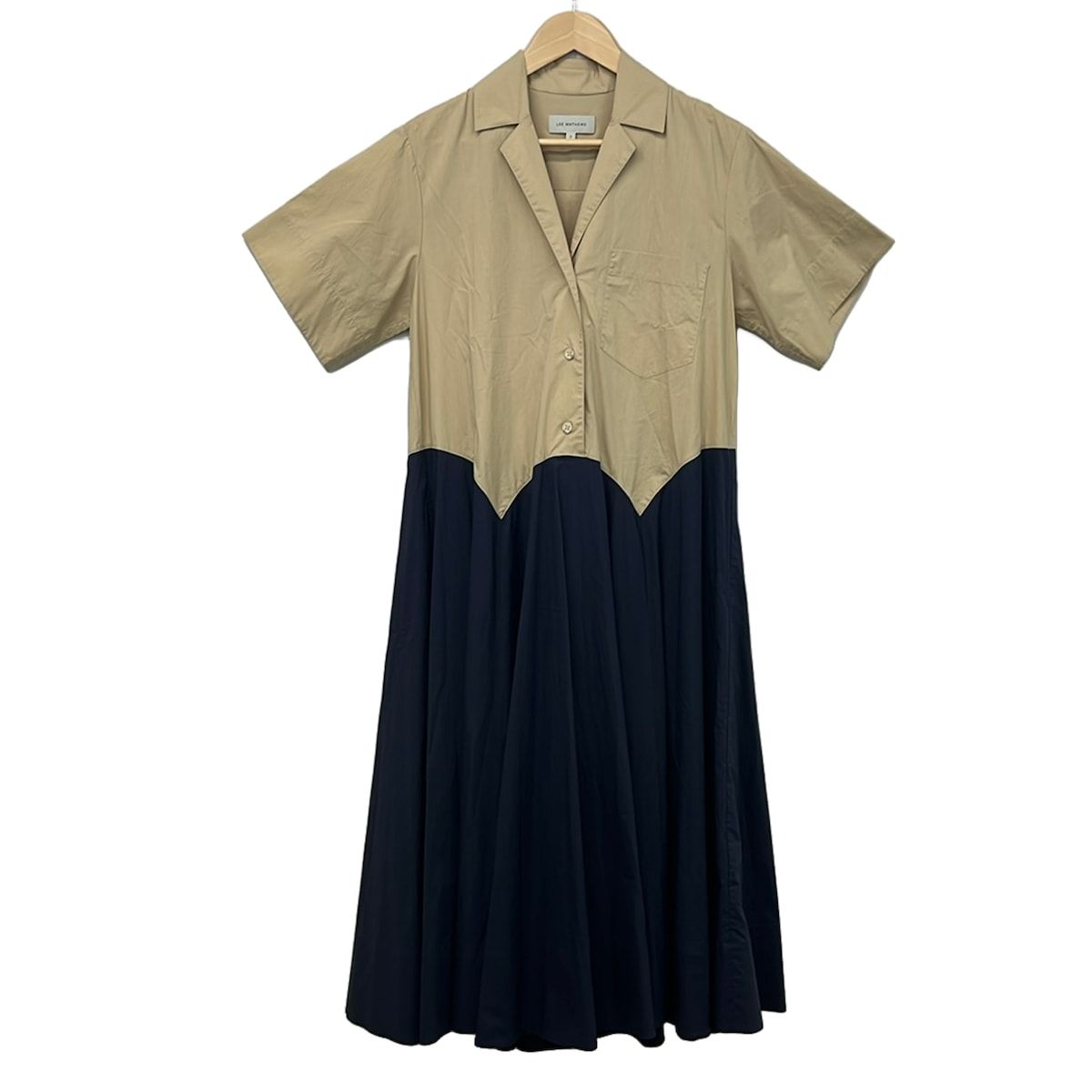 LEEMATHEWS(リーマシュー) ワンピース サイズ0 XS レディース美品 - ベージュ×ネイビー 開襟/半袖/マキシ丈
