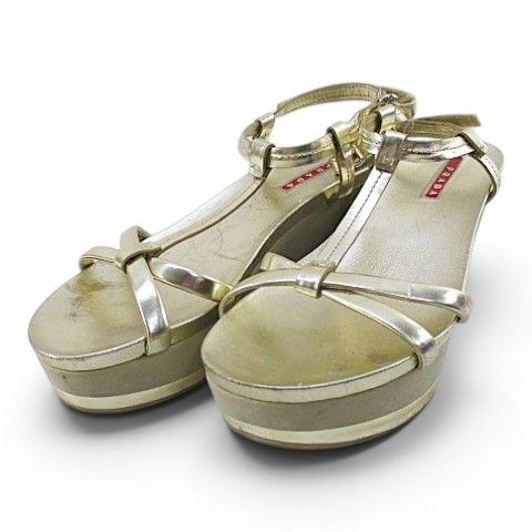 プラダ PRADA サンダル ウェッジソール Tストラップ ゴールド レザー