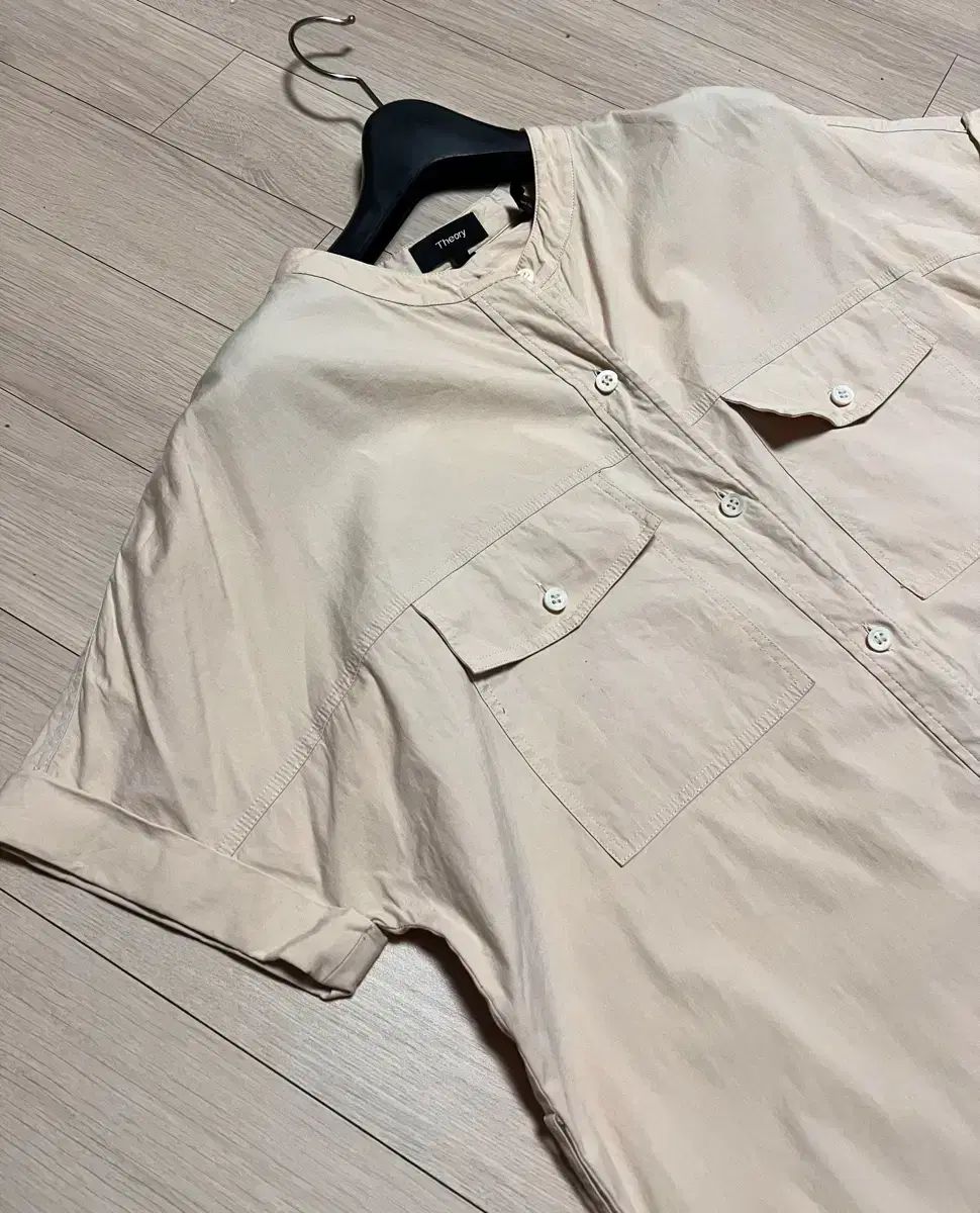 セオリー THEORY カコポケット シャツ ワンピース 半袖 シャカシャカ素材 コットン ベージュ ノーカラー