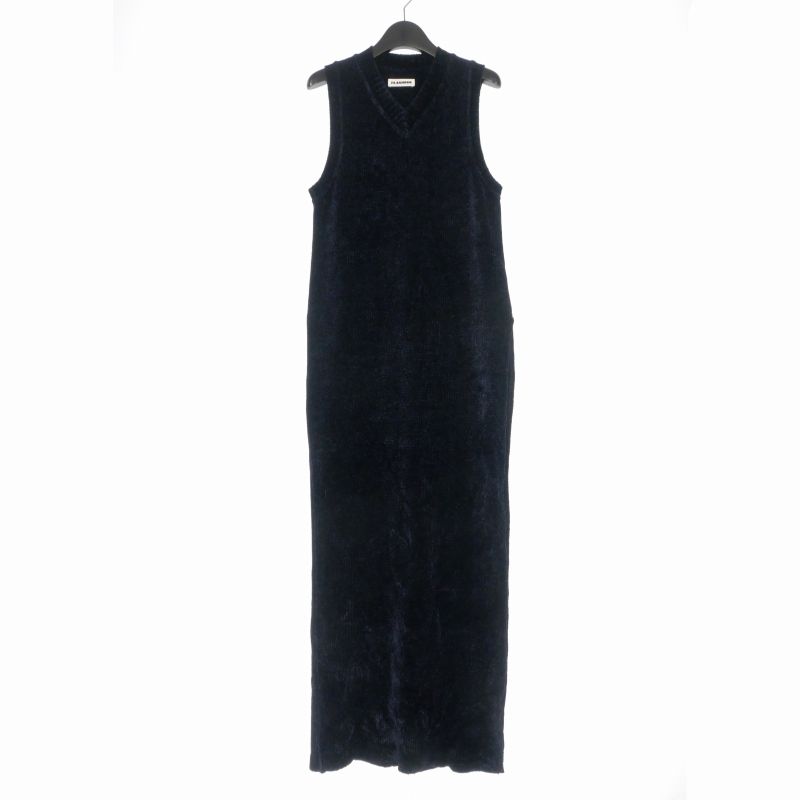 ジルサンダー JIL SANDER Vネックニット ワンピース ドレス サイドスリット ノースリーブ ネイビー 紺