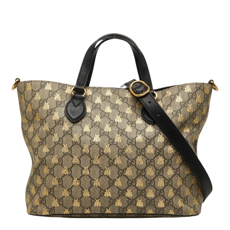 グッチ GGスプリーム ビー 蜂 ハンドバッグ ショルダーバッグ 2WAY 473887 ベージュ ブラック PVC レザー レディース GUCCI【1-0273777】