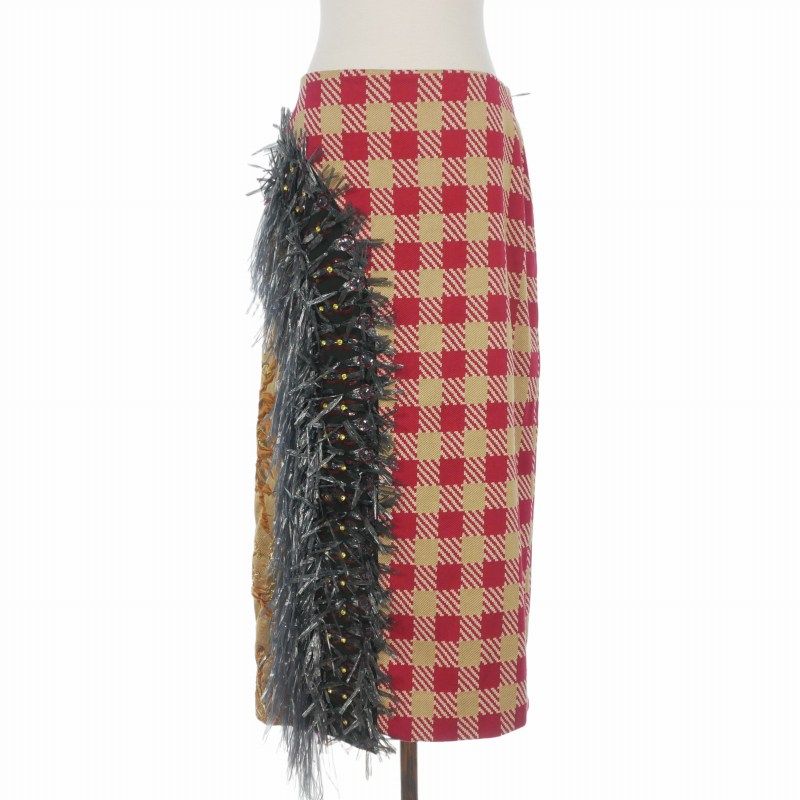 ドリスヴァンノッテン DRIES VAN NOTEN 18AW フリンジ 装飾 チェック ドッキングスカート 36 ベージュ/レッド