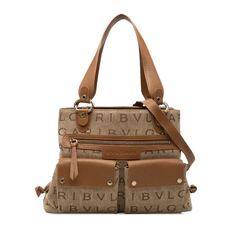 ブルガリ ロゴマニア マキシレッタレ ハンドバッグ ショルダーバッグ 2WAY ベージュ系 キャンバス レザー レディース BVLGARI【1-0274193】