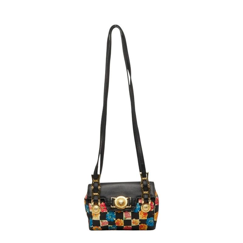 ヴェルサーチェ フラワー フローラル 斜めかけ ショルダーバッグ ブラック マルチカラー ナイロン レザー レディース VERSACE【1-0276535】