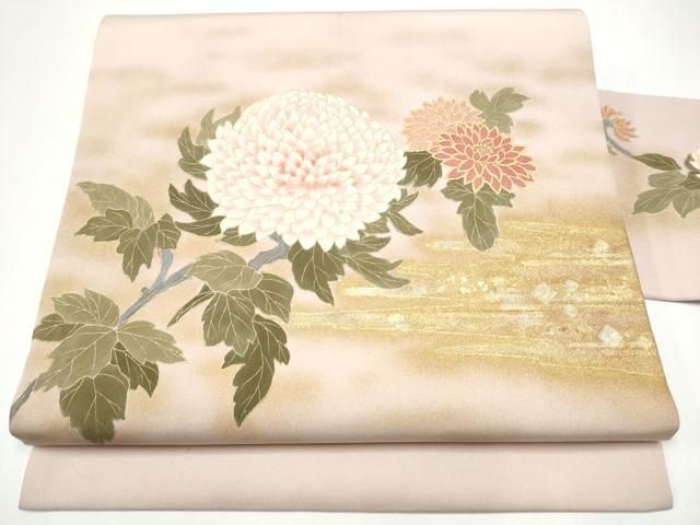 平和屋着物●塩瀬　九寸名古屋帯　枝菊文　金彩　正絹　逸品　CABH4803hy