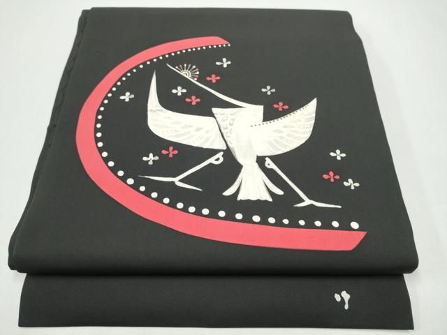 平和屋着物●塩瀬　九寸名古屋帯　作家物　ろうけつ染　孔雀花文　黒地　金彩　正絹　逸品　CABH4815hy