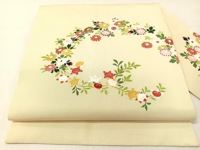 平和屋着物●塩瀬　友禅　九寸名古屋帯　草花文　正絹　逸品　CABH4487vp