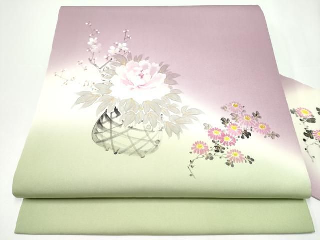 平和屋着物●染色作家　桐山紫香　手描き　塩瀬　九寸名古屋帯　花籠文　金彩　正絹　逸品　CABH4820hy