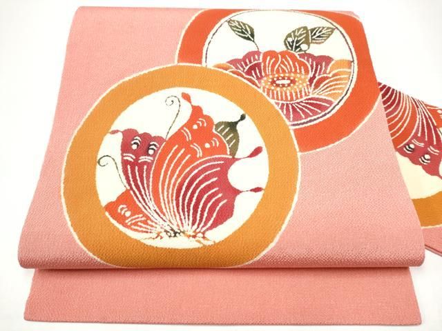 平和屋着物●九寸名古屋帯　型染め　花蝶丸文　鬼しぼ縮緬　正絹　逸品　CABH4821hy